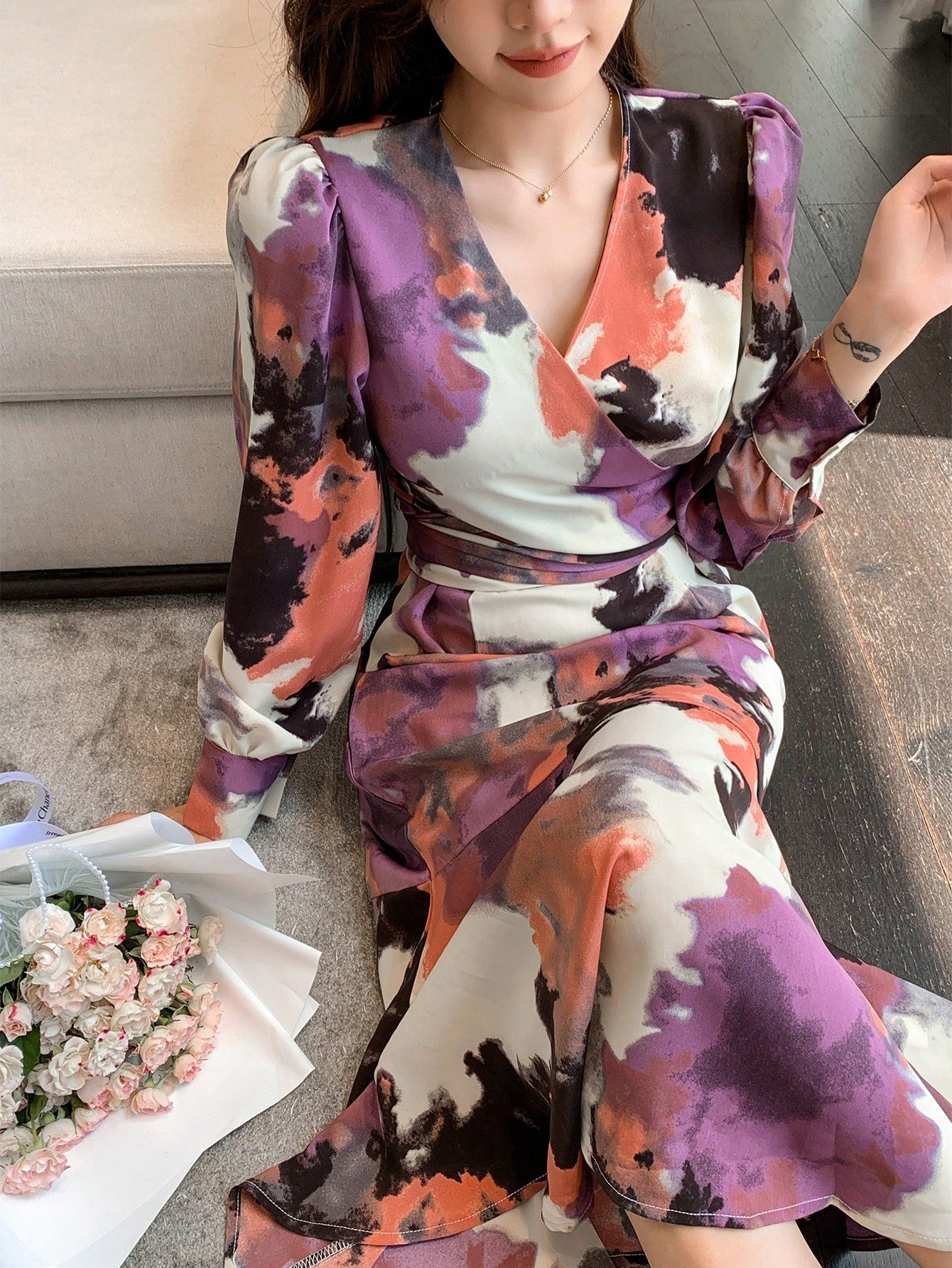 CM-DS171313 Women Casual Seoul Style Floral Tie Dye Wrap Around Fish Tail Hem Midi Dress