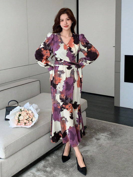 CM-DS171313 Women Casual Seoul Style Floral Tie Dye Wrap Around Fish Tail Hem Midi Dress