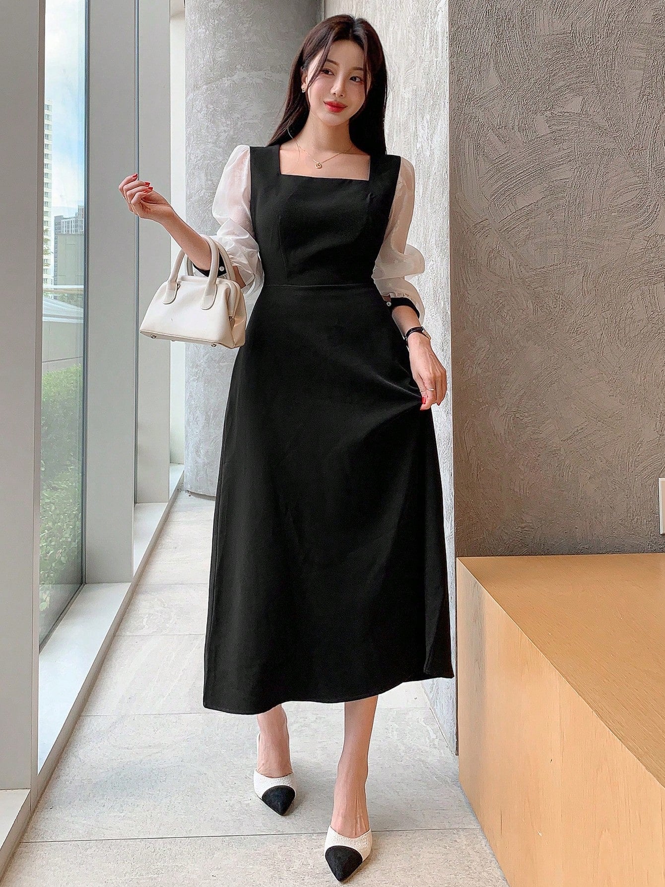 CM-DS023324 Women Elegant Seoul Style Colorblock V-Neck Sheer Mesh Long Sleeve Dress