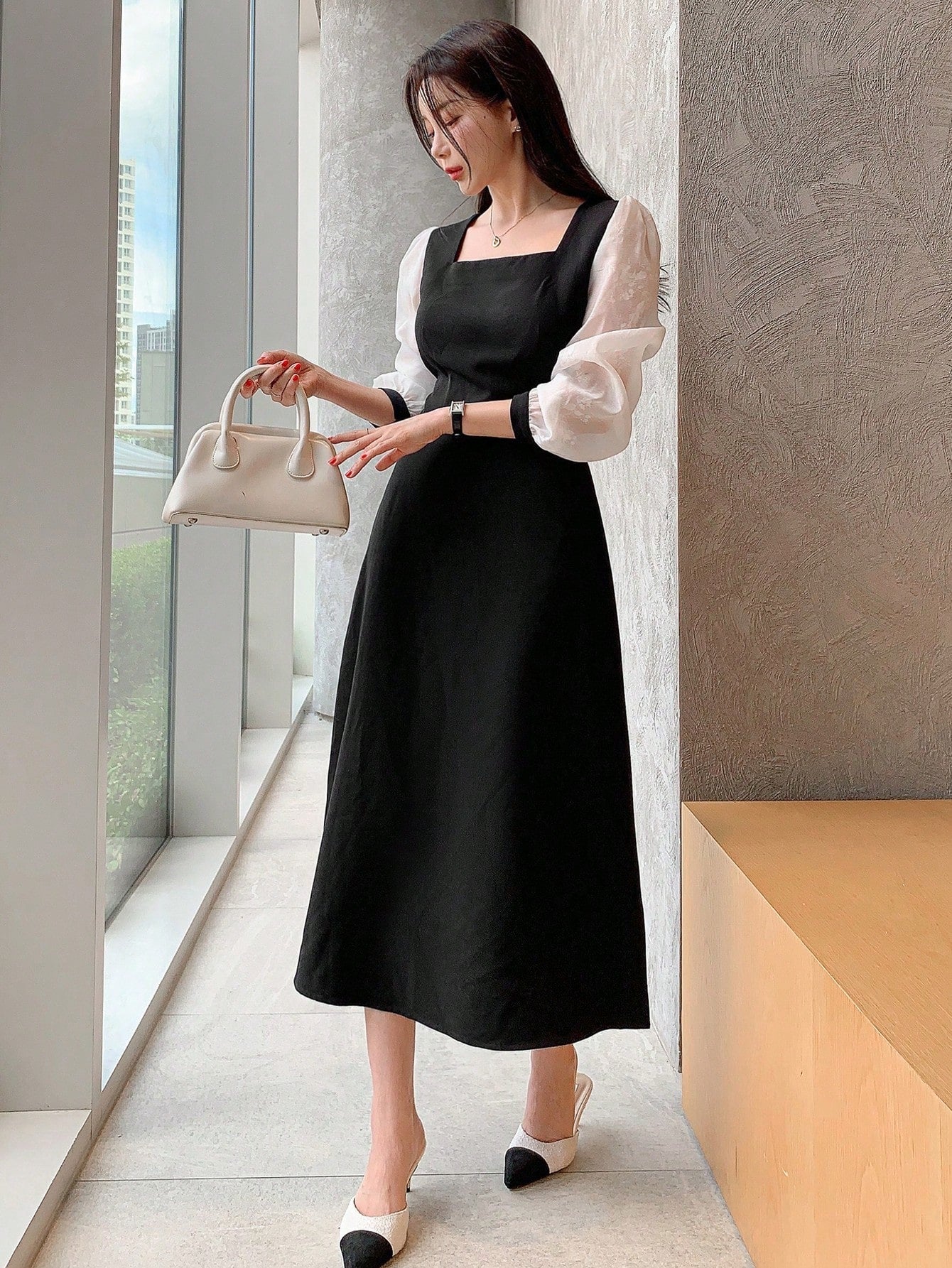 CM-DS023324 Women Elegant Seoul Style Colorblock V-Neck Sheer Mesh Long Sleeve Dress