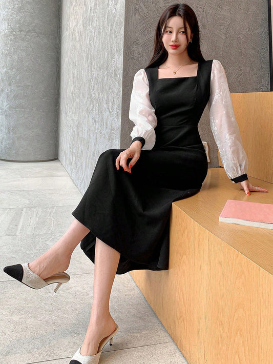 CM-DS023324 Women Elegant Seoul Style Colorblock V-Neck Sheer Mesh Long Sleeve Dress