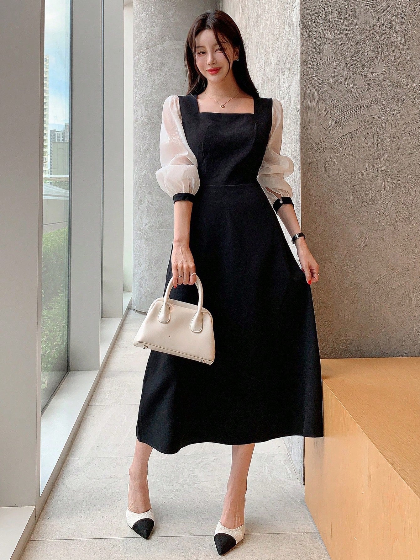 CM-DS023324 Women Elegant Seoul Style Colorblock V-Neck Sheer Mesh Long Sleeve Dress