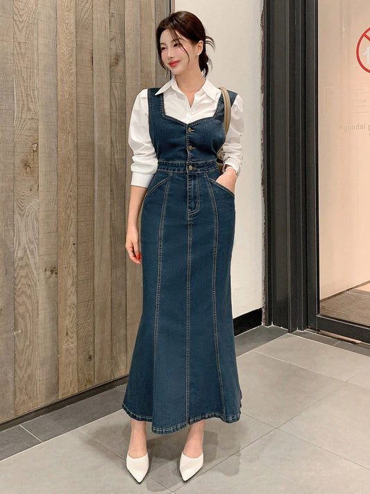 CM-DS698585 Women Casual Seoul Style Sleeveless High Waist Denim Mermaid Dress - Blue