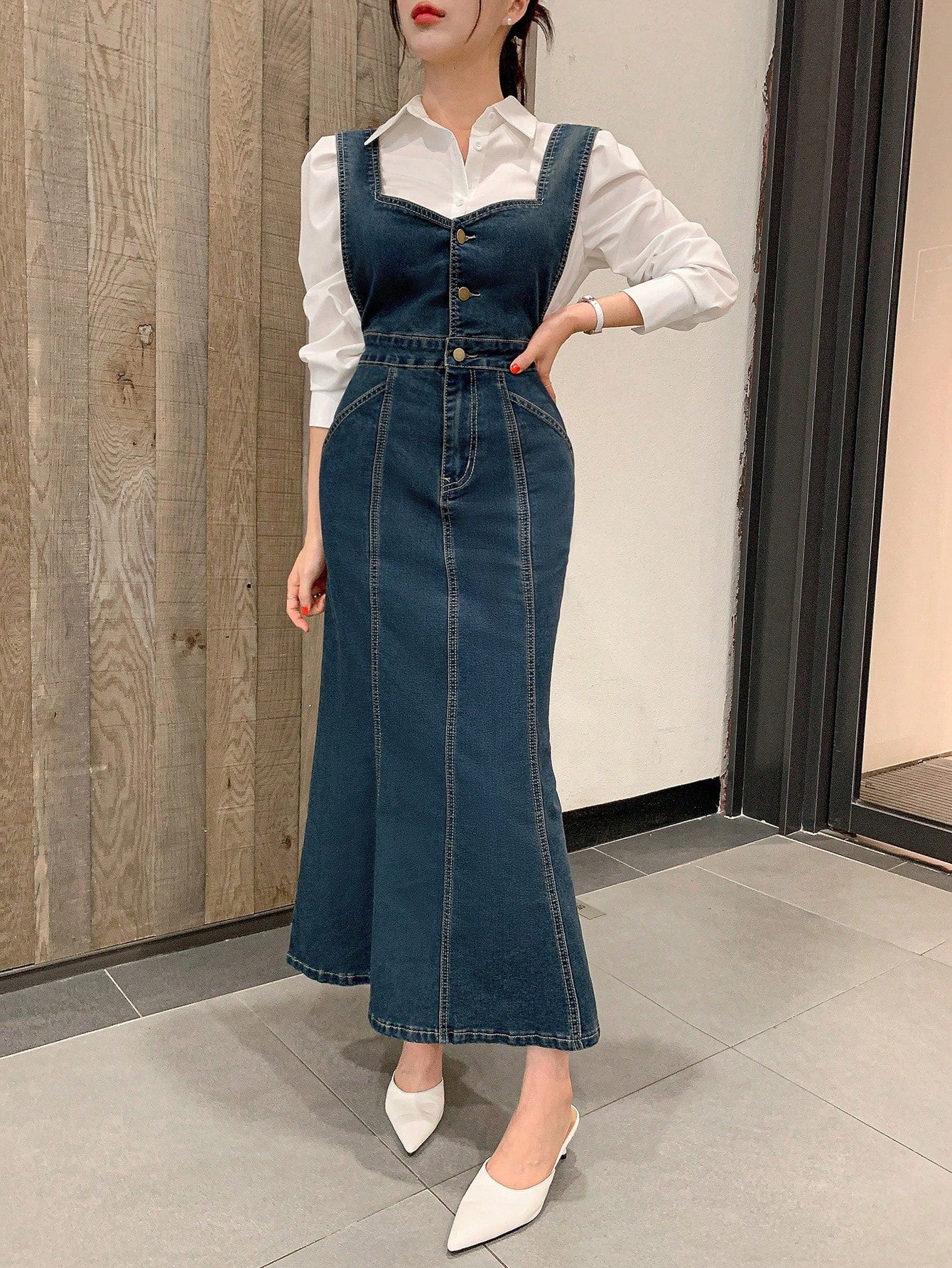CM-DS698585 Women Casual Seoul Style Sleeveless High Waist Denim Mermaid Dress - Blue