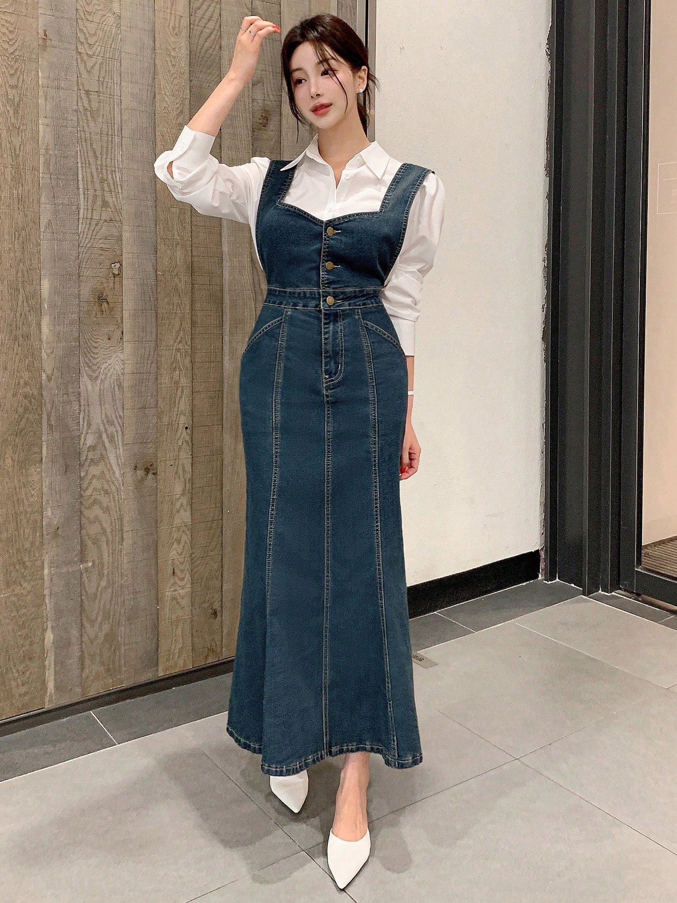 CM-DS698585 Women Casual Seoul Style Sleeveless High Waist Denim Mermaid Dress - Blue