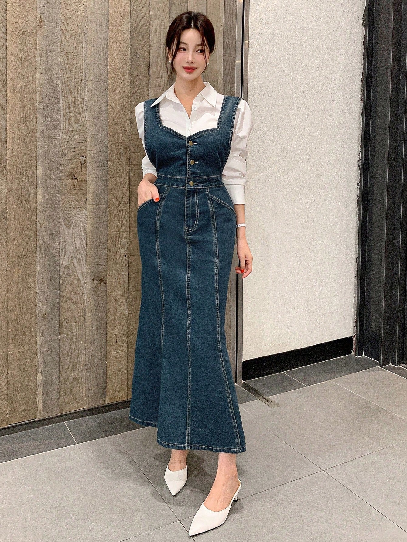 CM-DS698585 Women Casual Seoul Style Sleeveless High Waist Denim Mermaid Dress - Blue