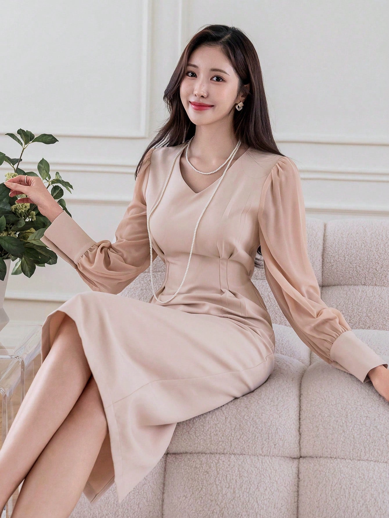 CM-DS286264 Women Casual Seoul Style V-Neck Patchwork Long Sleeve Mid-Length Dress