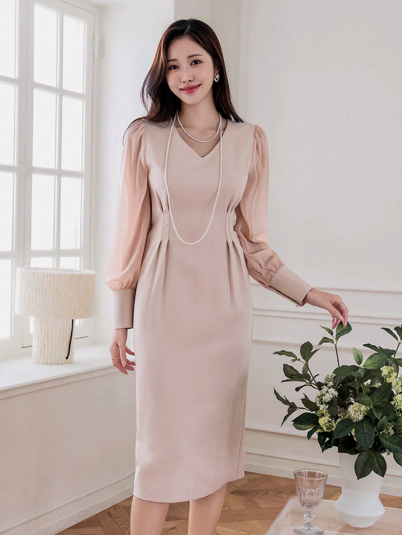 CM-DS286264 Women Casual Seoul Style V-Neck Patchwork Long Sleeve Mid-Length Dress