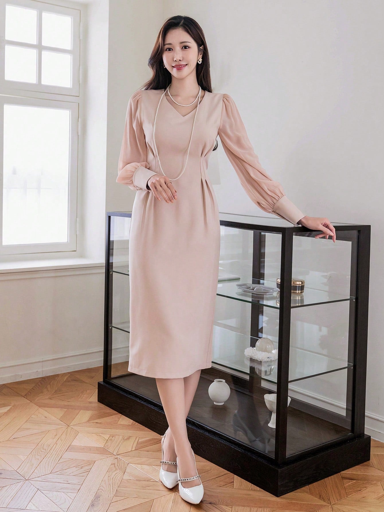 CM-DS286264 Women Casual Seoul Style V-Neck Patchwork Long Sleeve Mid-Length Dress
