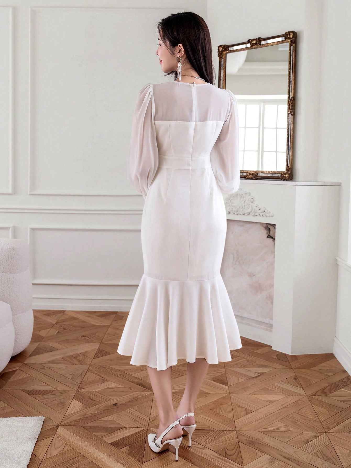 CM-DS273926 Women Elegant Seoul Style Solid Color V-Neck Puff Sleeve Mesh Patchwork Dress