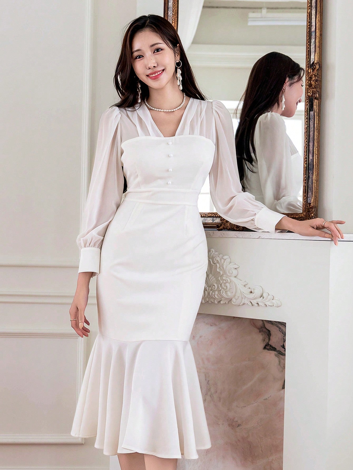 CM-DS273926 Women Elegant Seoul Style Solid Color V-Neck Puff Sleeve Mesh Patchwork Dress