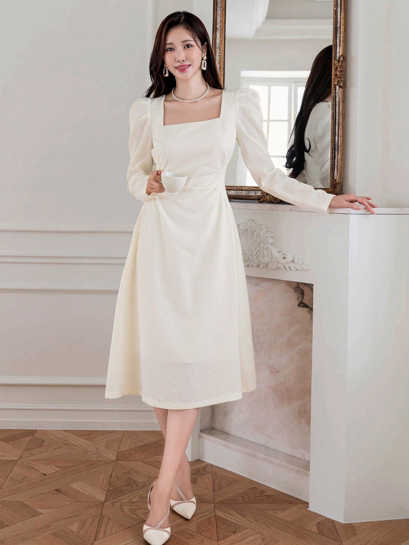 CM-DS791510 Women Casual Seoul Style Square Neck Textured Bubble Sleeve Dress - Beige