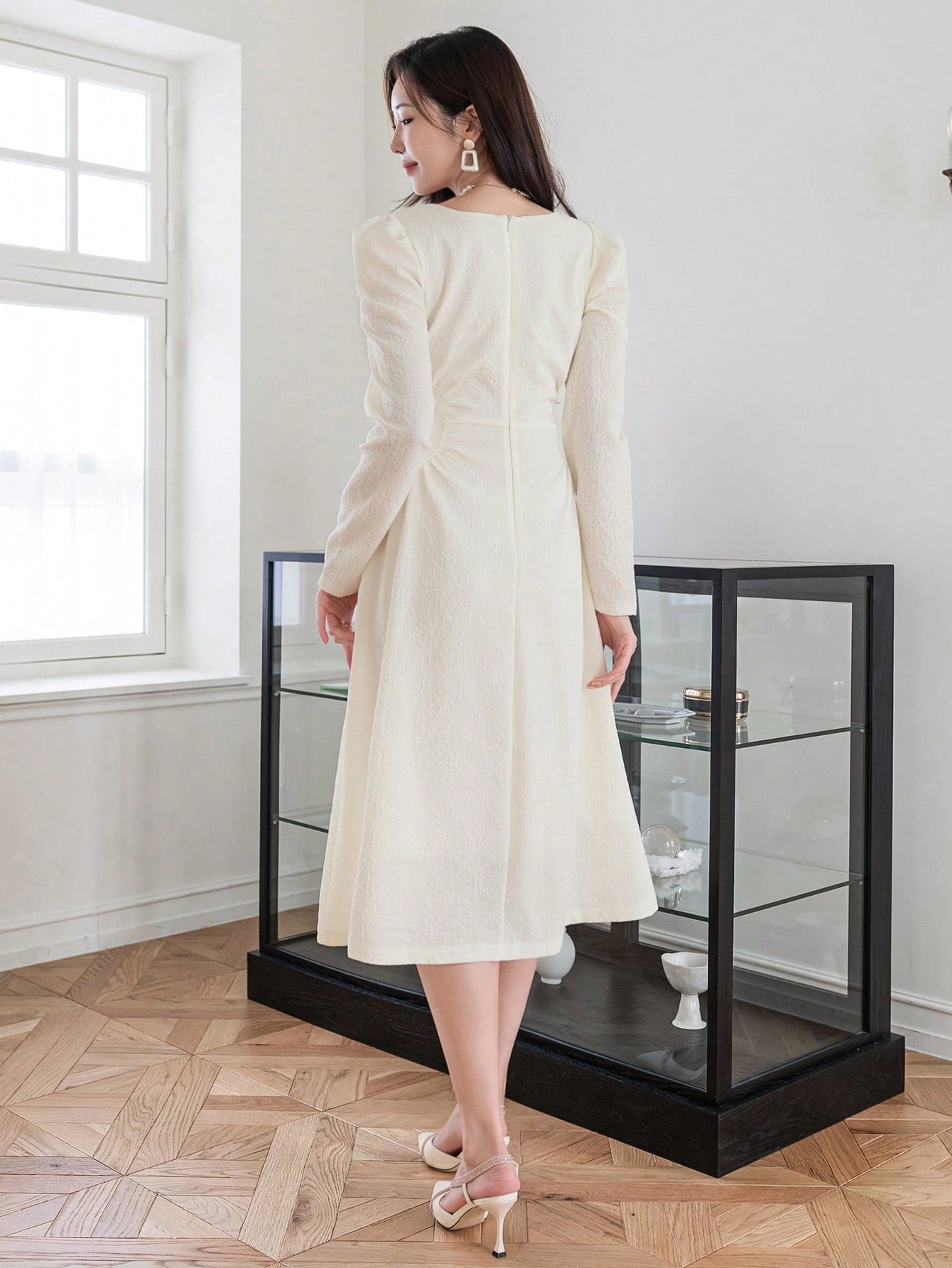 CM-DS791510 Women Casual Seoul Style Square Neck Textured Bubble Sleeve Dress - Beige