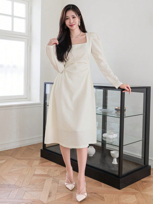 CM-DS791510 Women Casual Seoul Style Square Neck Textured Bubble Sleeve Dress - Beige