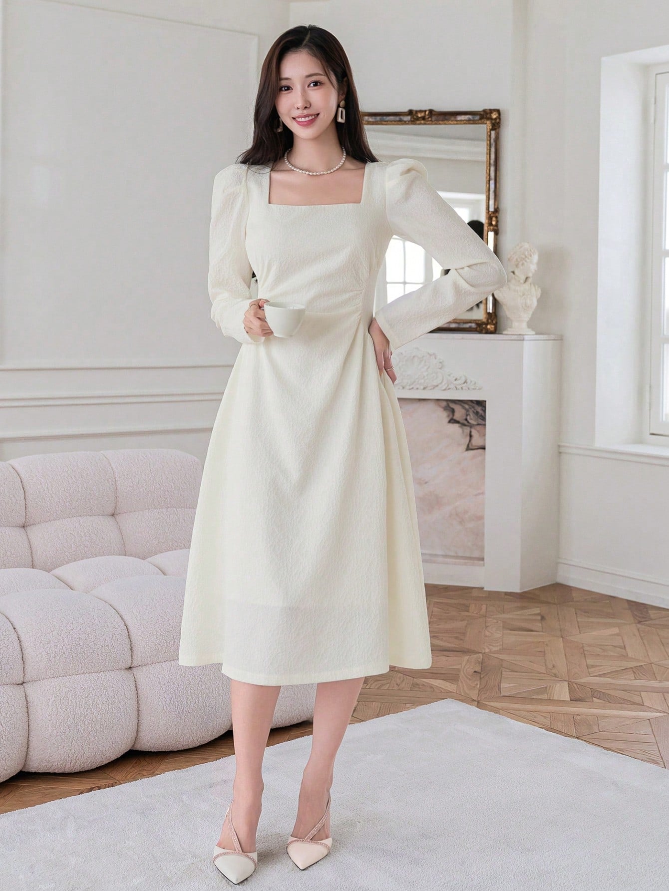 CM-DS791510 Women Casual Seoul Style Square Neck Textured Bubble Sleeve Dress - Beige