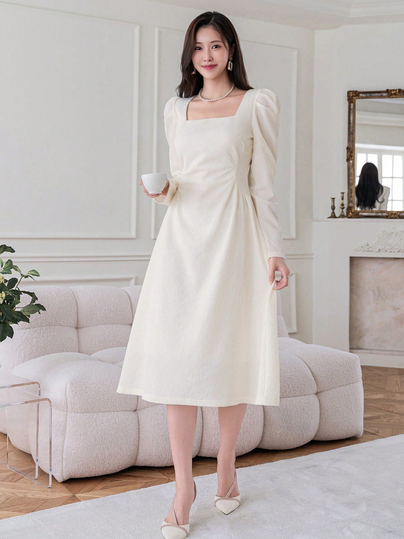 CM-DS791510 Women Casual Seoul Style Square Neck Textured Bubble Sleeve Dress - Beige