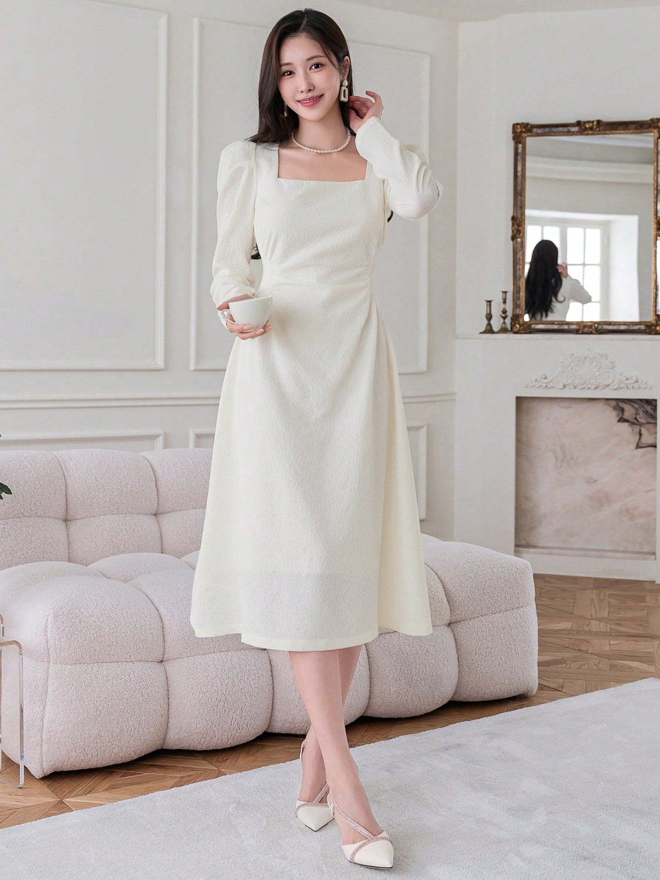 CM-DS791510 Women Casual Seoul Style Square Neck Textured Bubble Sleeve Dress - Beige