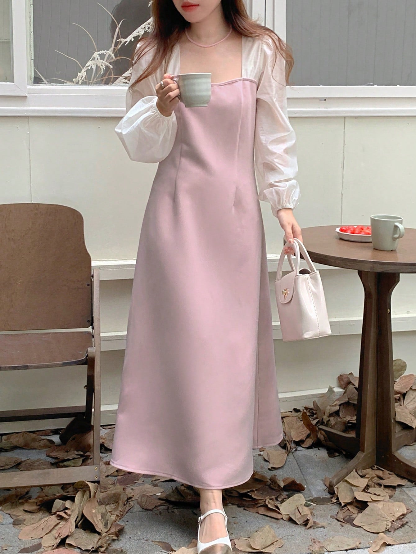 CM-DS013177 Women Casual Seoul Style Square Collar Long Sleeve Contrast Color Patchwork Dress
