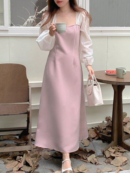 CM-DS013177 Women Casual Seoul Style Square Collar Long Sleeve Contrast Color Patchwork Dress