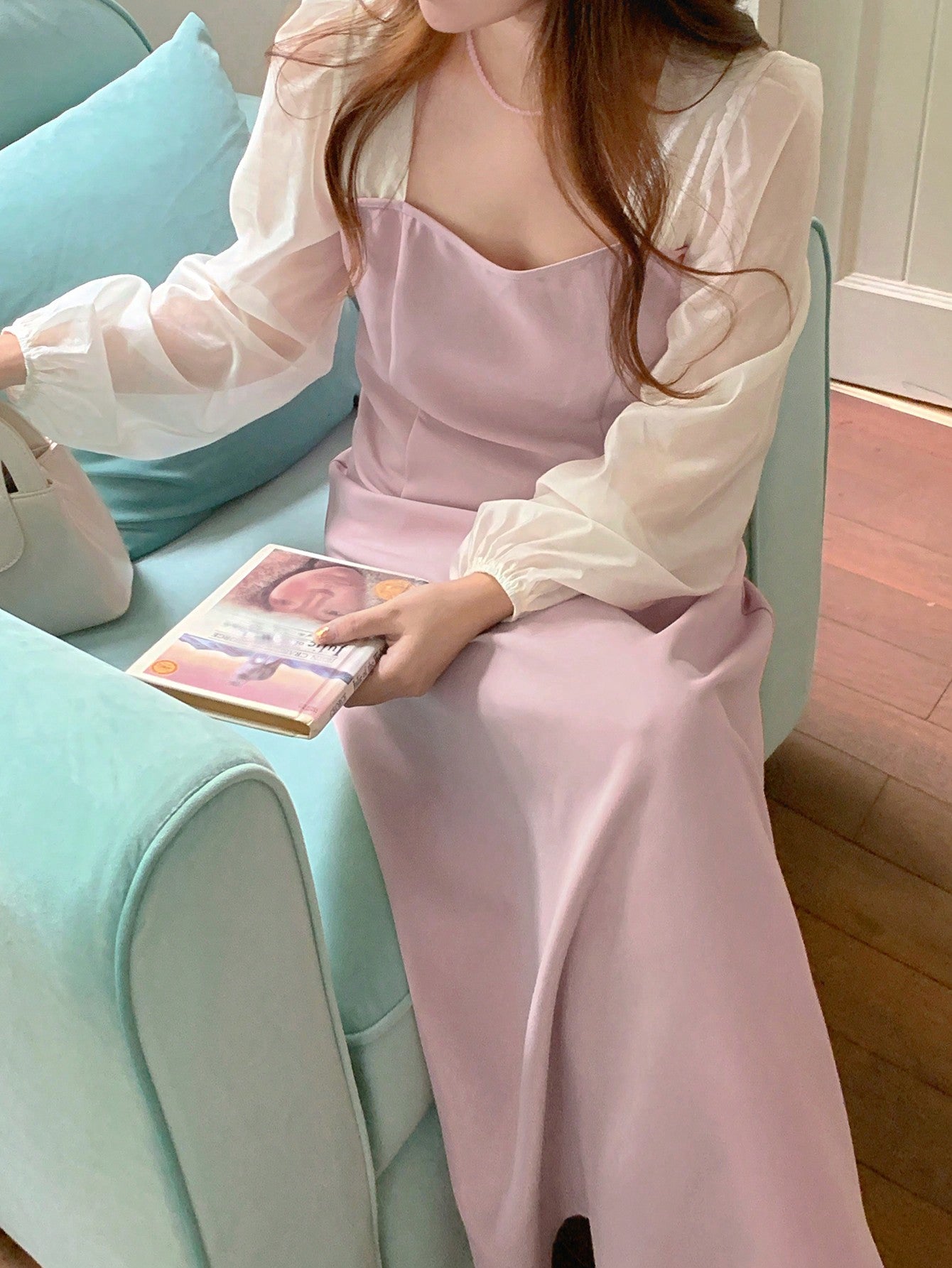 CM-DS013177 Women Casual Seoul Style Square Collar Long Sleeve Contrast Color Patchwork Dress