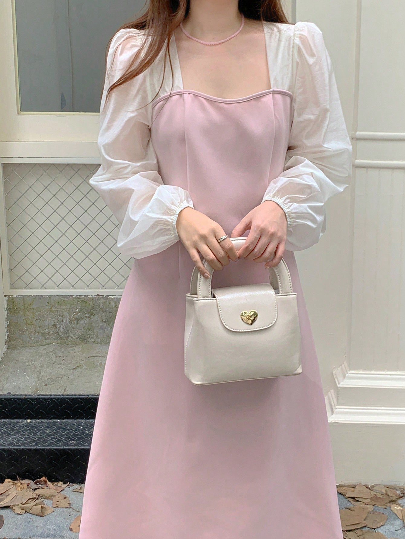 CM-DS013177 Women Casual Seoul Style Square Collar Long Sleeve Contrast Color Patchwork Dress