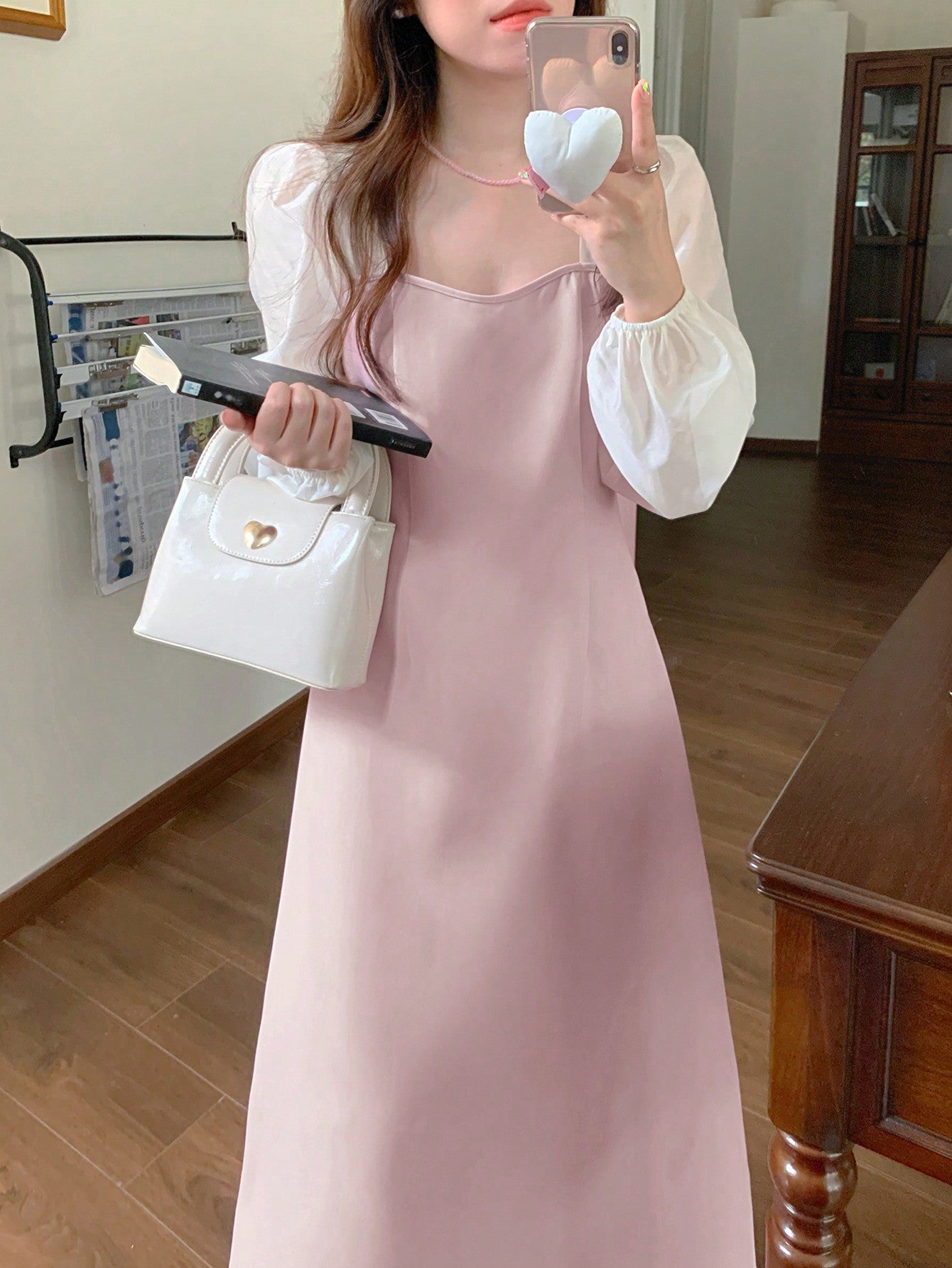 CM-DS013177 Women Casual Seoul Style Square Collar Long Sleeve Contrast Color Patchwork Dress