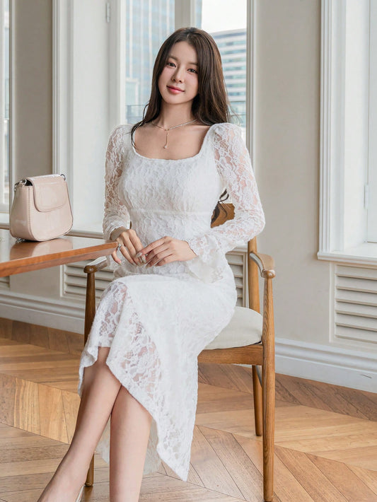 CM-DS994533 Women Elegant Seoul Style Lace Floral Embroidery Square Neck Mermaid Dress