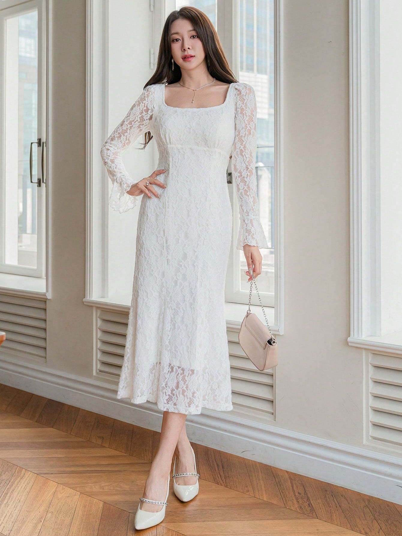 CM-DS994533 Women Elegant Seoul Style Lace Floral Embroidery Square Neck Mermaid Dress