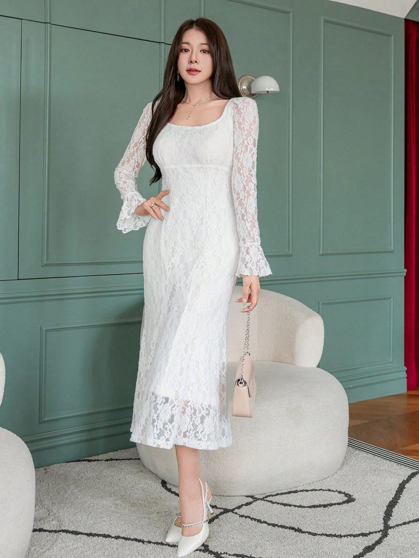 CM-DS994533 Women Elegant Seoul Style Lace Floral Embroidery Square Neck Mermaid Dress