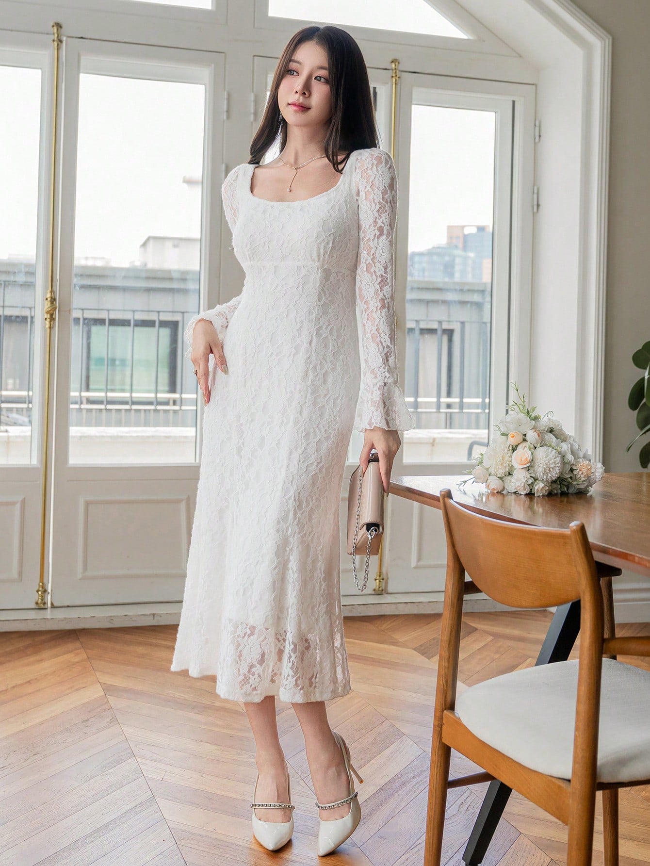 CM-DS994533 Women Elegant Seoul Style Lace Floral Embroidery Square Neck Mermaid Dress