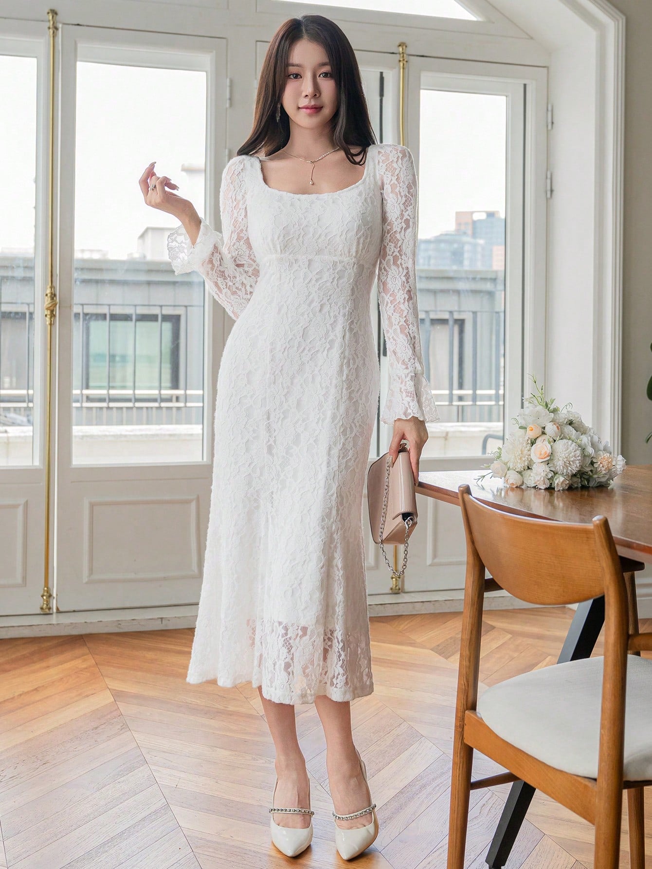 CM-DS994533 Women Elegant Seoul Style Lace Floral Embroidery Square Neck Mermaid Dress
