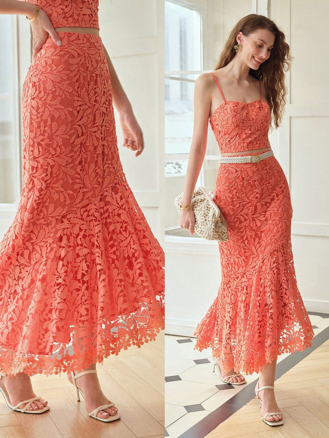 CM-BS011666 Women Elegant Seoul Style Guipure Lace Mermaid Hem Skirt - Watermelon Pink