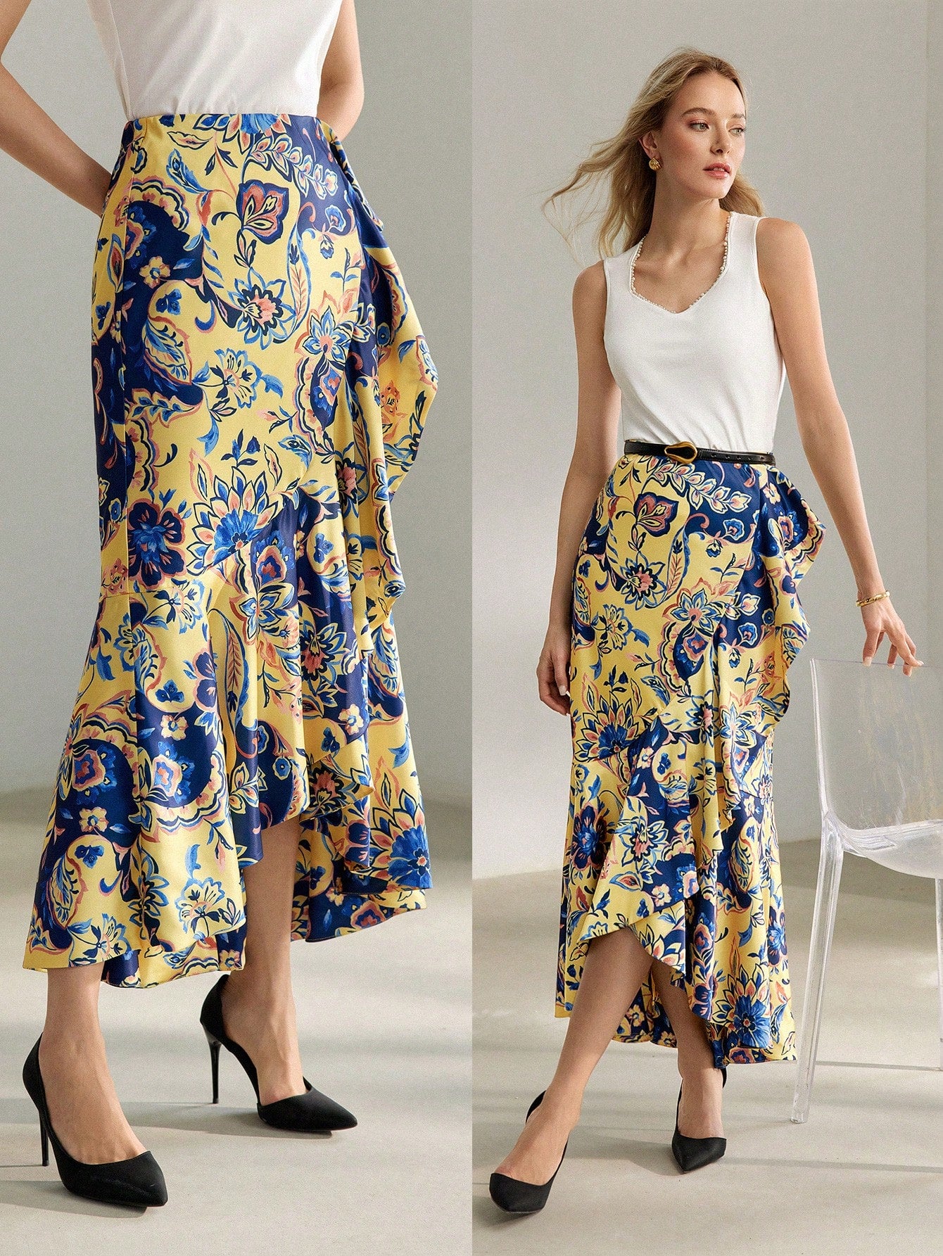 CM-BS177959 Women Elegant Seoul Style All-Over Floral Print Ruffle Trim Skirt - Yellow