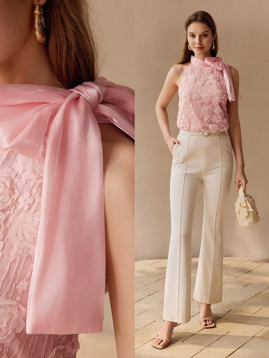 CM-TS340044 Women Elegant Seoul Style Floral Appliqued Halter Tie Neck Sleeveless Tank Top - Pink