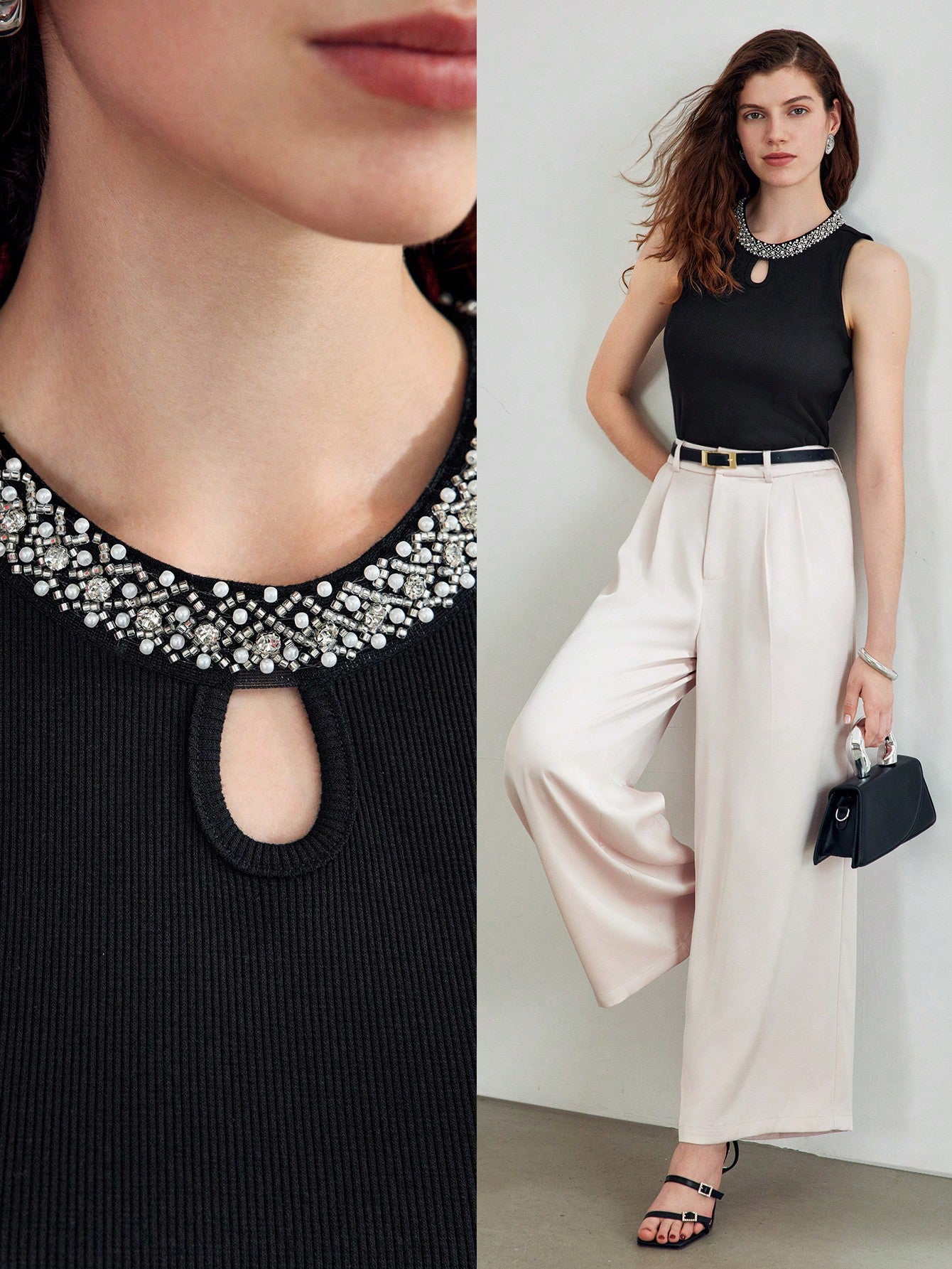 CM-TS328576 Women Elegant Seoul Style Contrast Beaded Keyhole Neckline Tank Top - Black