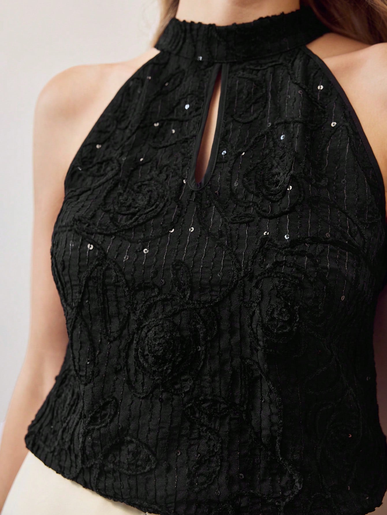 CM-TS849435 Women Elegant Seoul Style Keyhole Neckline Embroidery Floral Sequin Sleeveless Blouse - Black