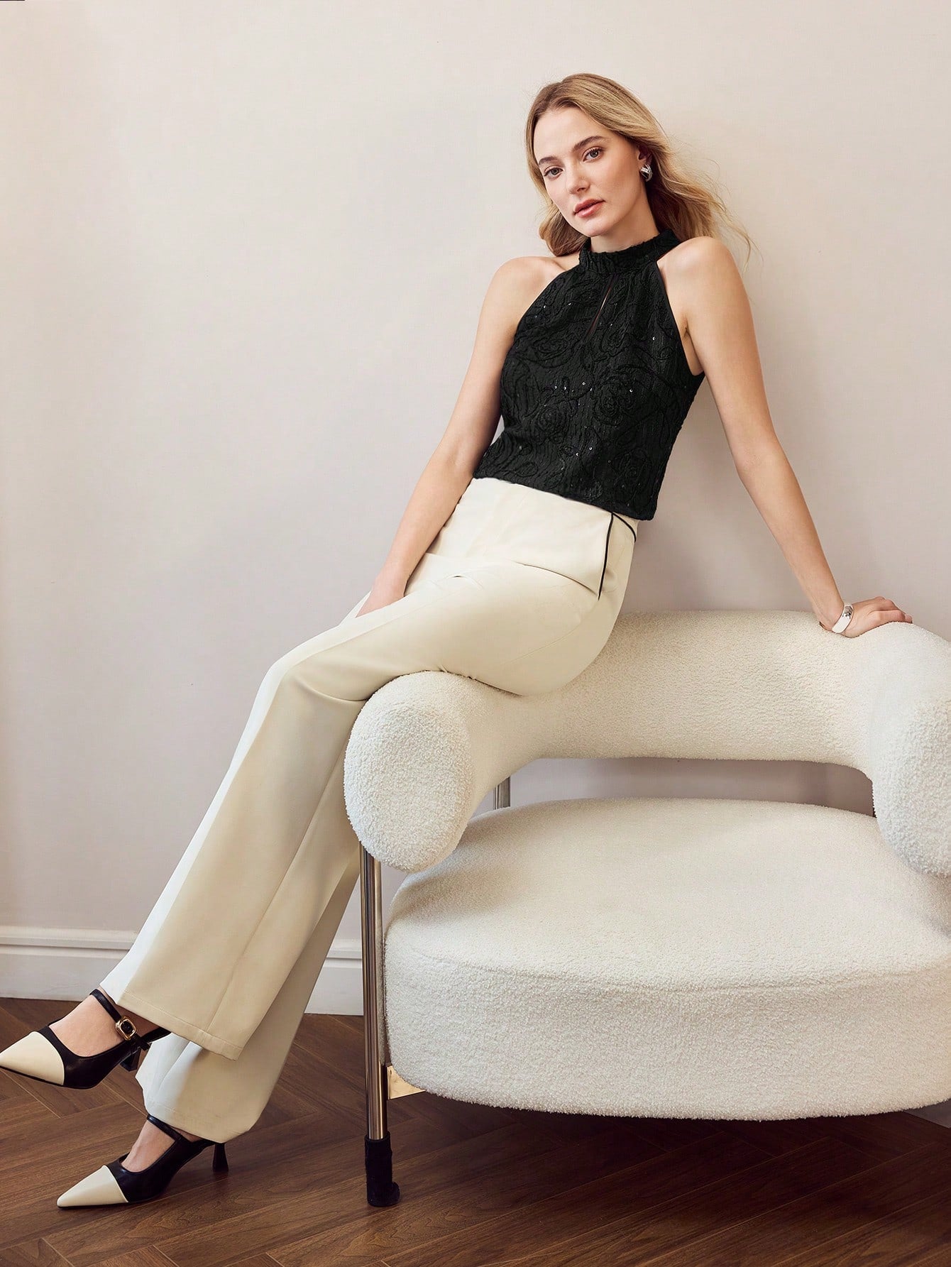 CM-TS849435 Women Elegant Seoul Style Keyhole Neckline Embroidery Floral Sequin Sleeveless Blouse - Black