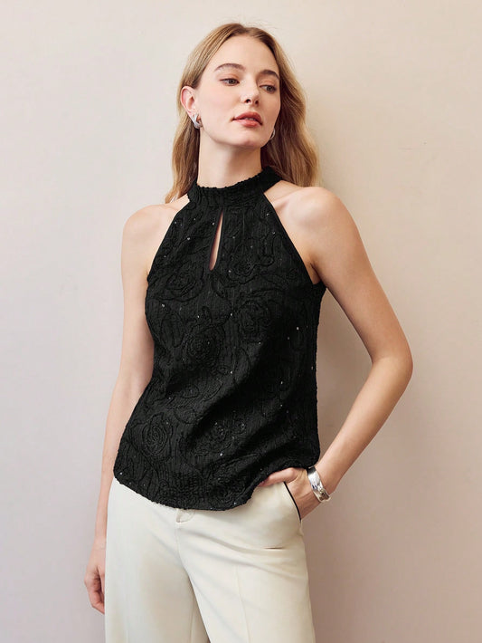 CM-TS849435 Women Elegant Seoul Style Keyhole Neckline Embroidery Floral Sequin Sleeveless Blouse - Black
