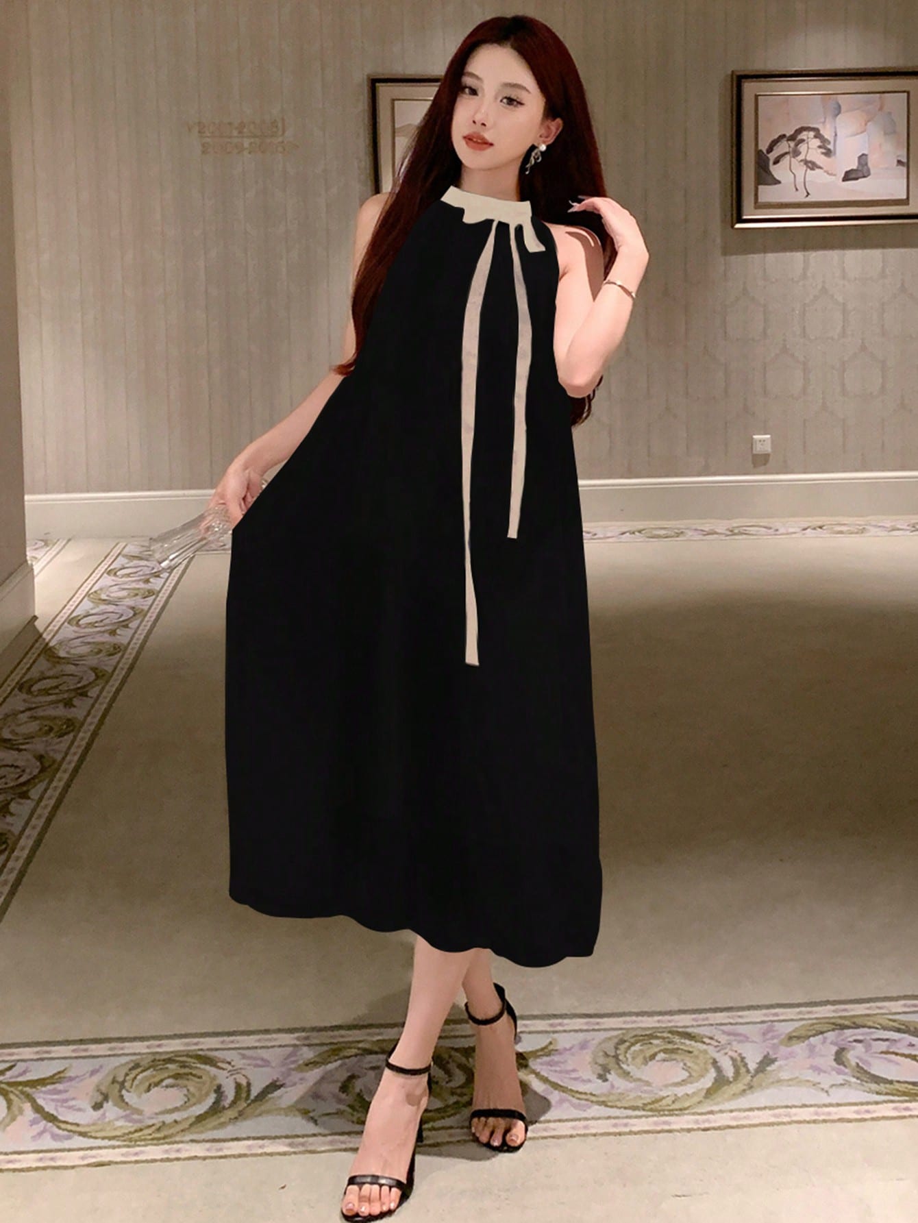 CM-DS280696 Women Elegant Seoul Style Colorblock Sleeveless A-Line Midi Dress