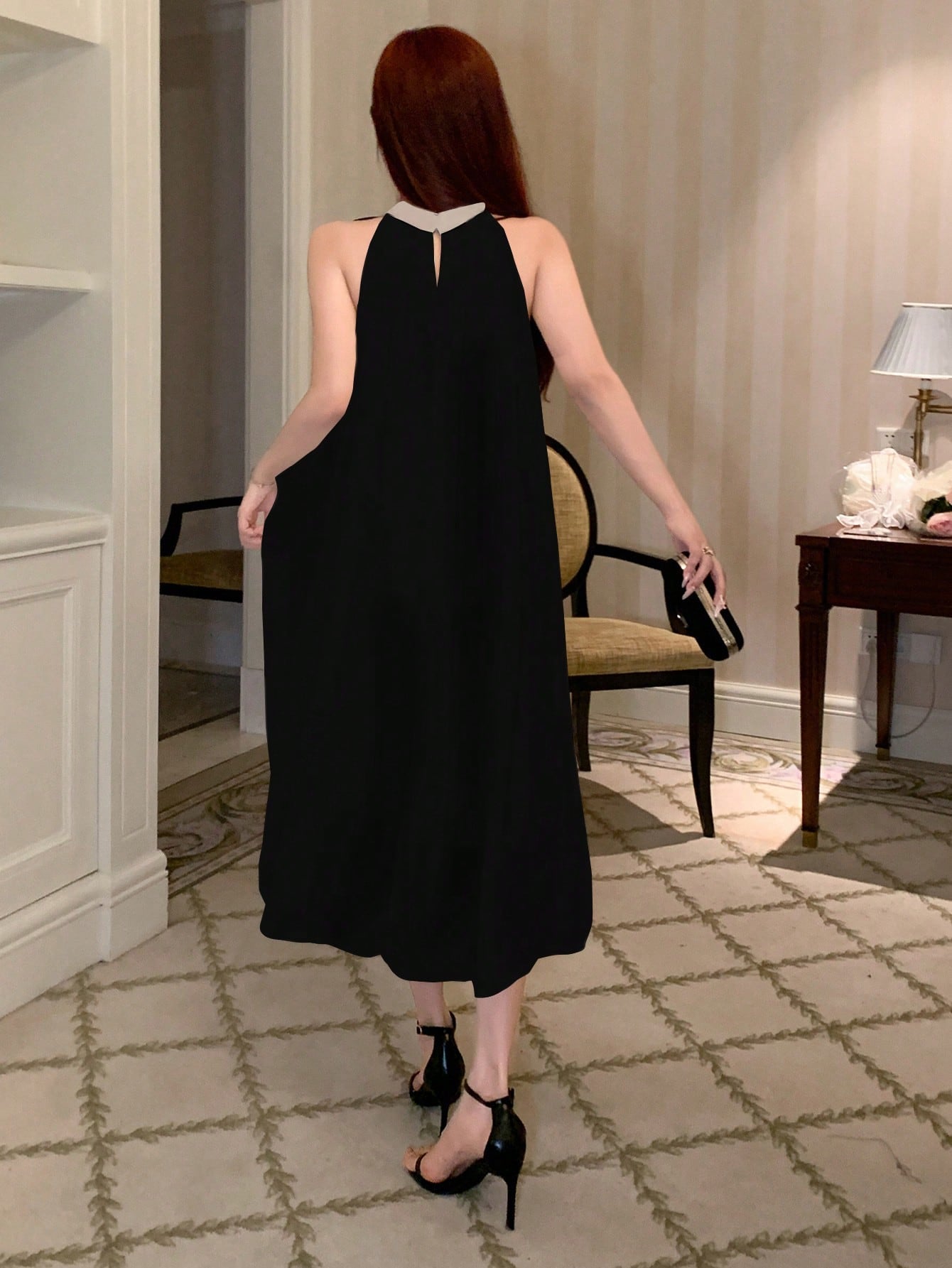 CM-DS280696 Women Elegant Seoul Style Colorblock Sleeveless A-Line Midi Dress