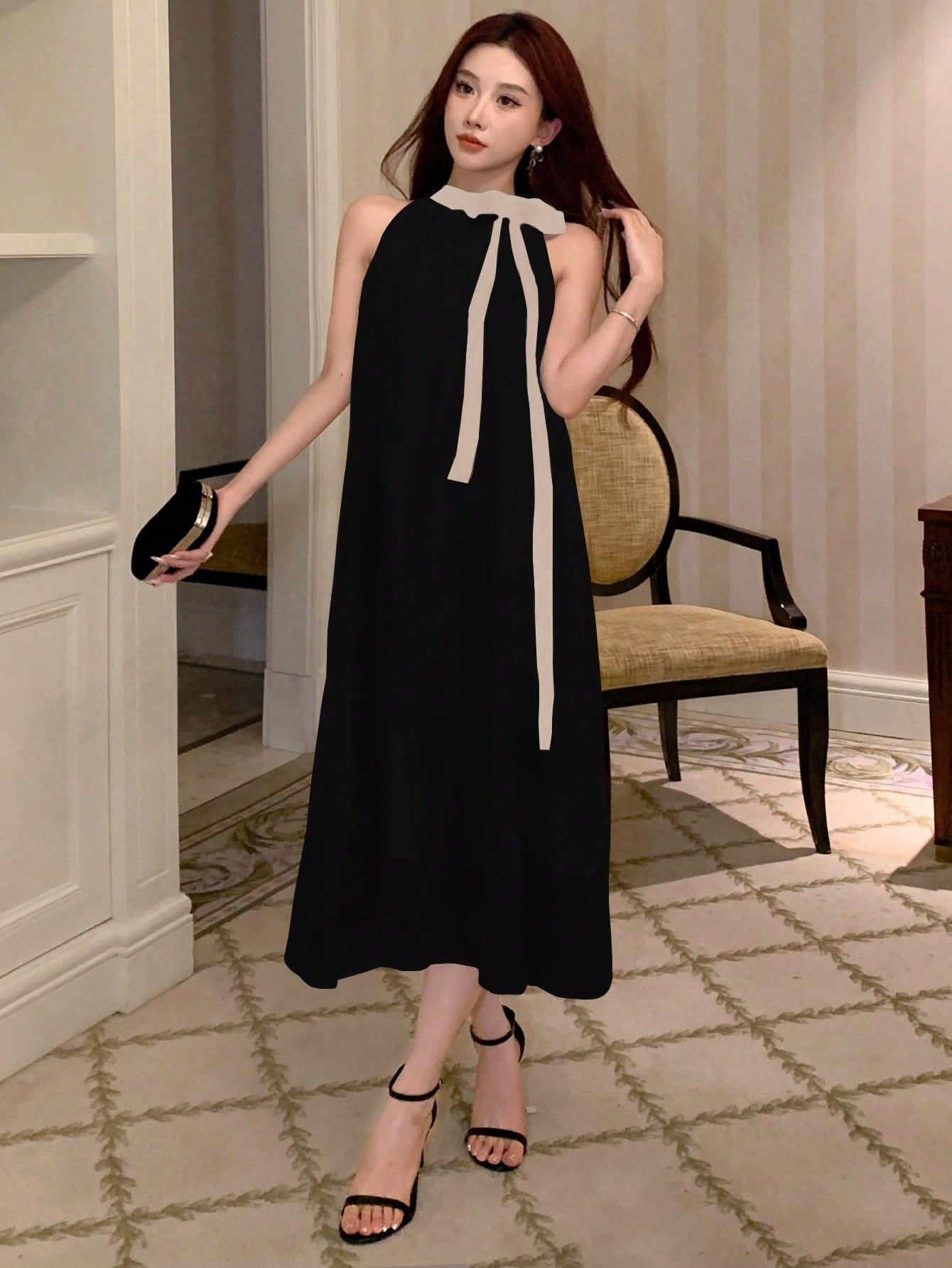 CM-DS280696 Women Elegant Seoul Style Colorblock Sleeveless A-Line Midi Dress