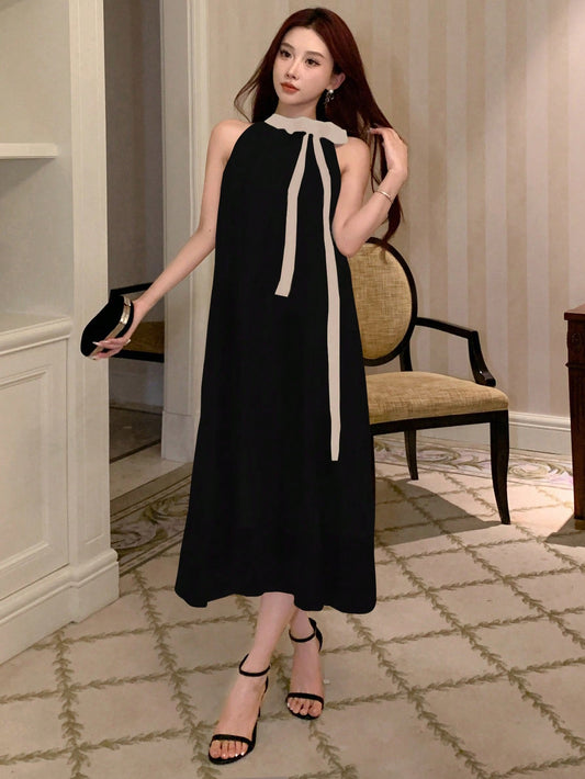 CM-DS280696 Women Elegant Seoul Style Colorblock Sleeveless A-Line Midi Dress
