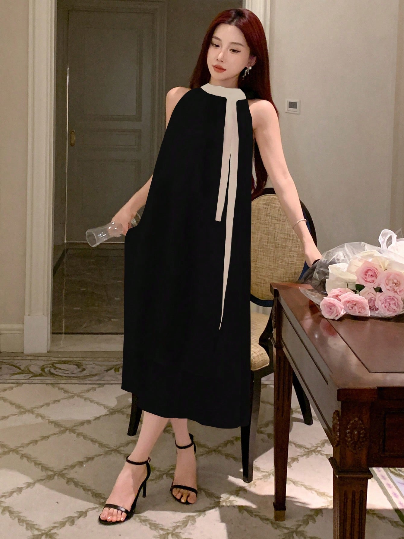 CM-DS280696 Women Elegant Seoul Style Colorblock Sleeveless A-Line Midi Dress