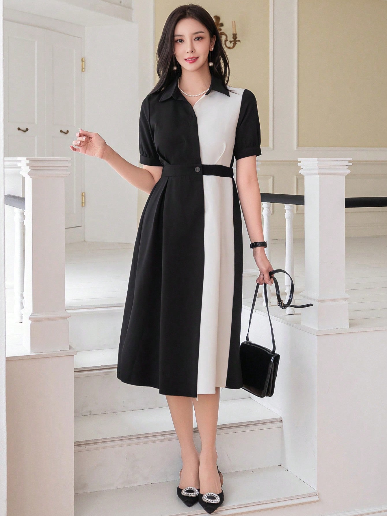 CM-DS521133 Women Elegant Seoul Style Puff Sleeve Color Contrast Patchwork Shirt Dress