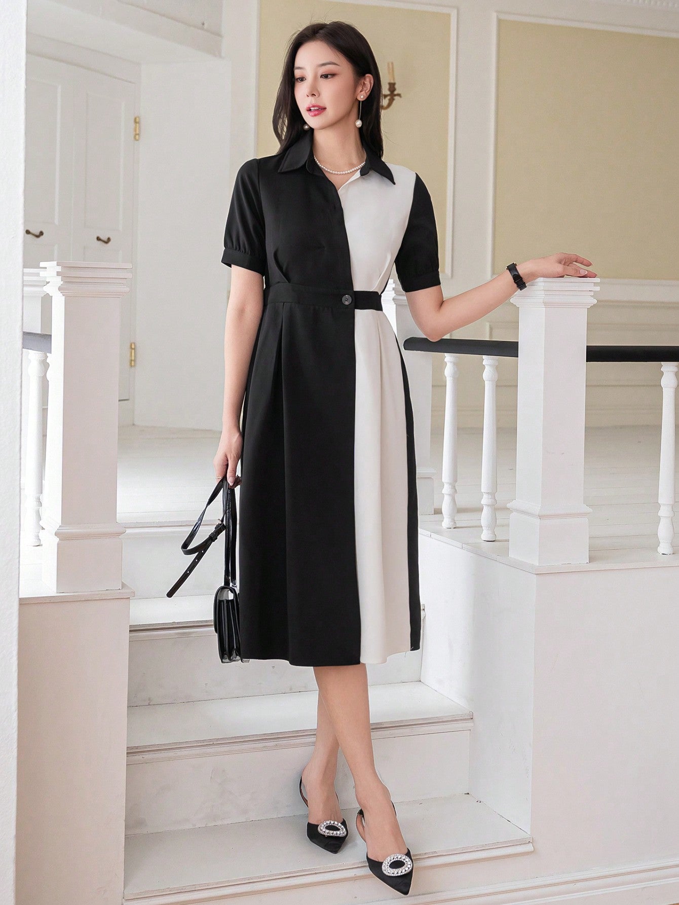 CM-DS521133 Women Elegant Seoul Style Puff Sleeve Color Contrast Patchwork Shirt Dress