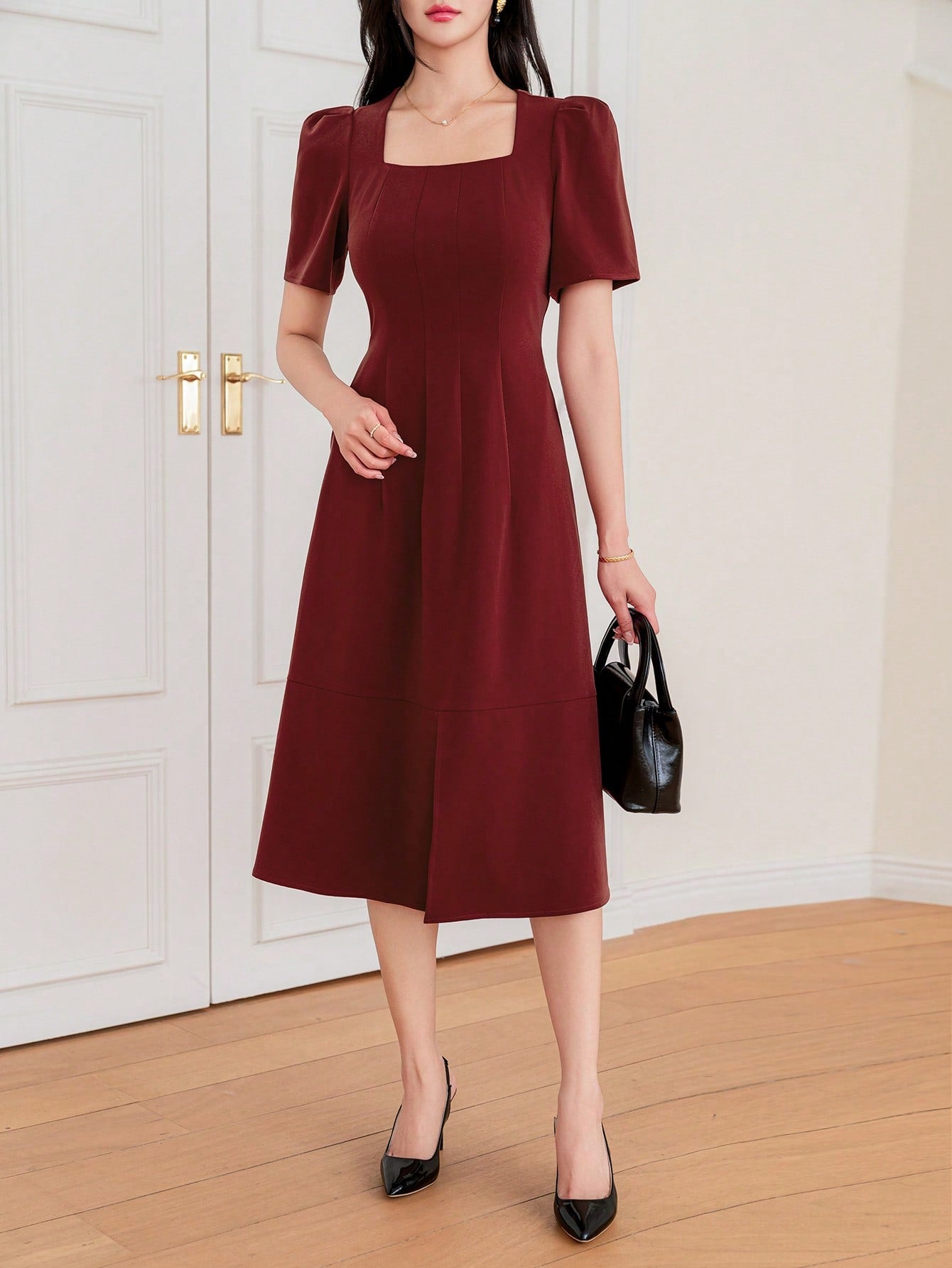 CM-DS828822 Women Elegant Seoul Style Solid Color Square Neckline Slit Dress - Red