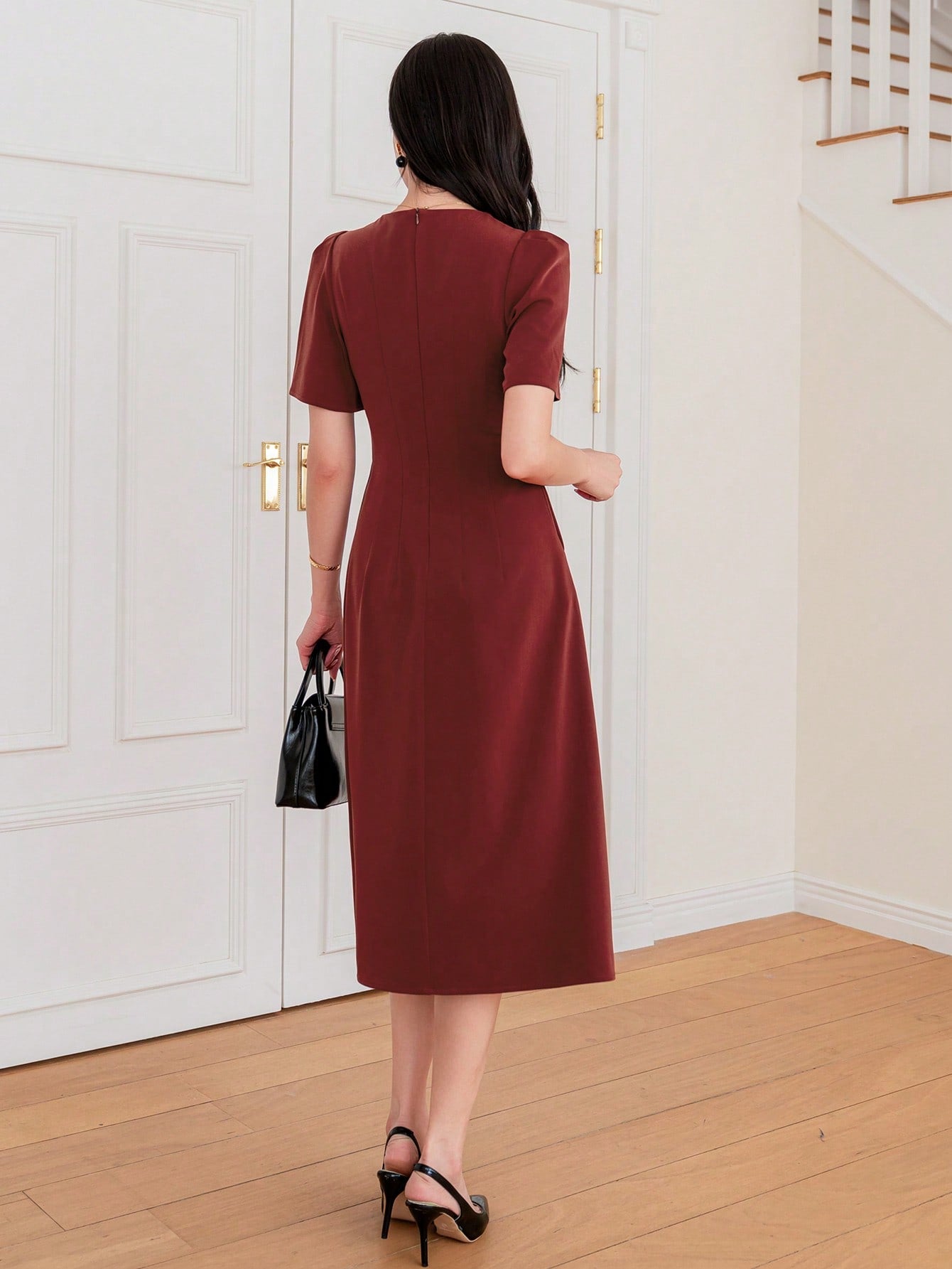 CM-DS828822 Women Elegant Seoul Style Solid Color Square Neckline Slit Dress - Red
