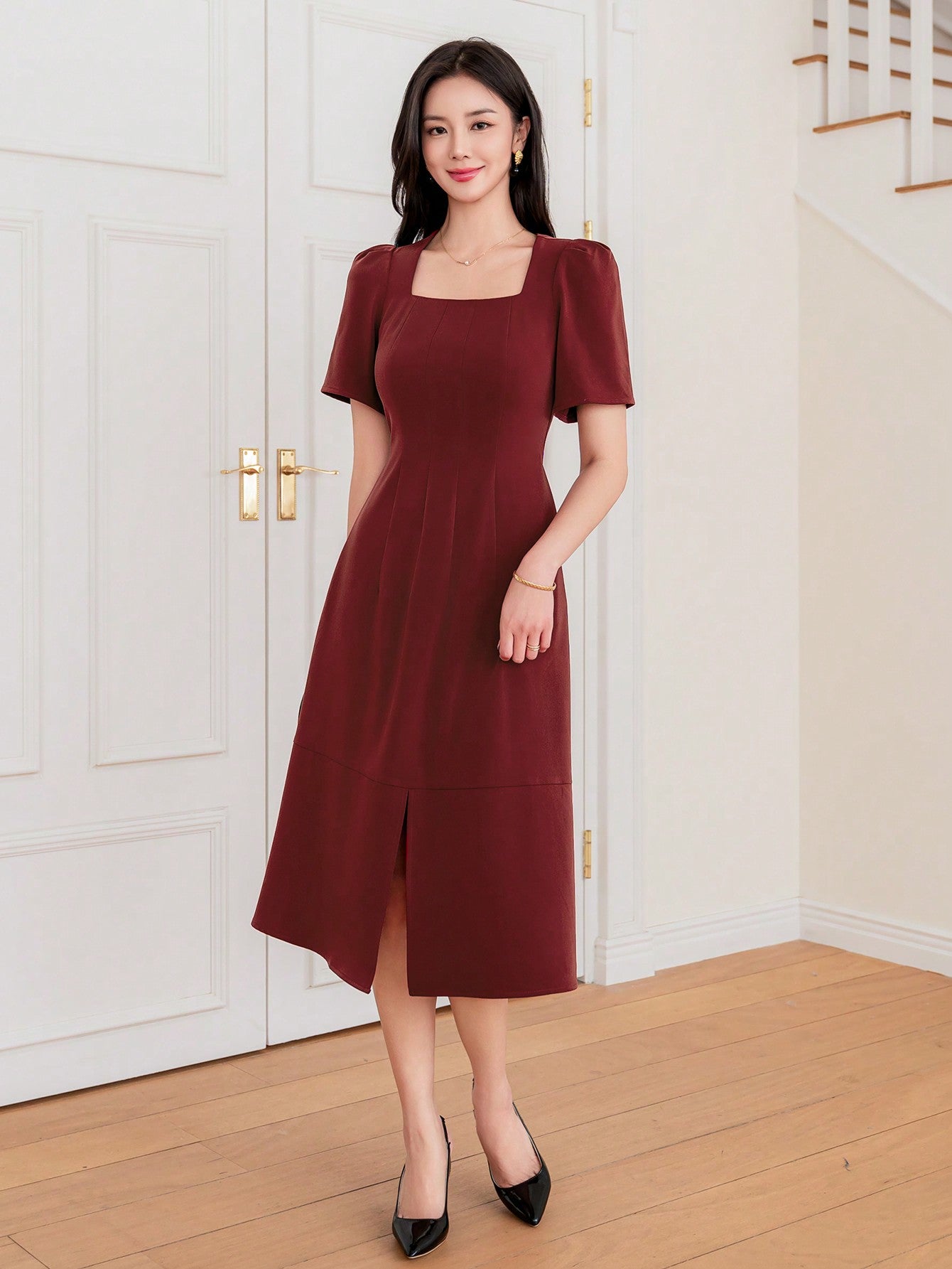 CM-DS828822 Women Elegant Seoul Style Solid Color Square Neckline Slit Dress - Red