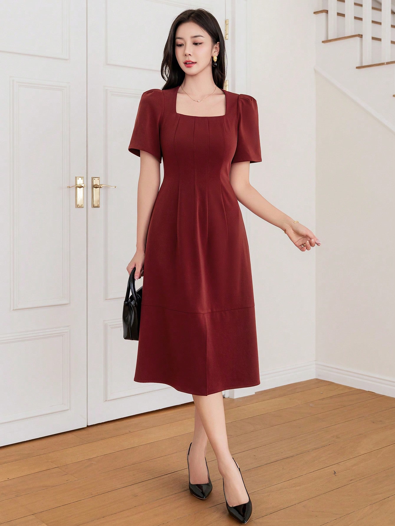 CM-DS828822 Women Elegant Seoul Style Solid Color Square Neckline Slit Dress - Red