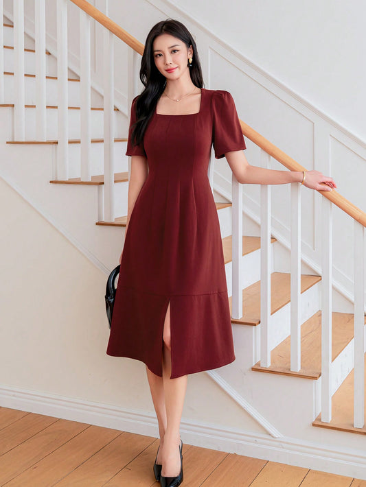 CM-DS828822 Women Elegant Seoul Style Solid Color Square Neckline Slit Dress - Red